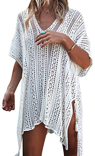Cache-Maillots et Sarongs, Femme Maillot de Bain Dos Ouvert Robe de Maillot de Bain Bikini Dentelle au Crochet, A- Blanc, Taille Unique