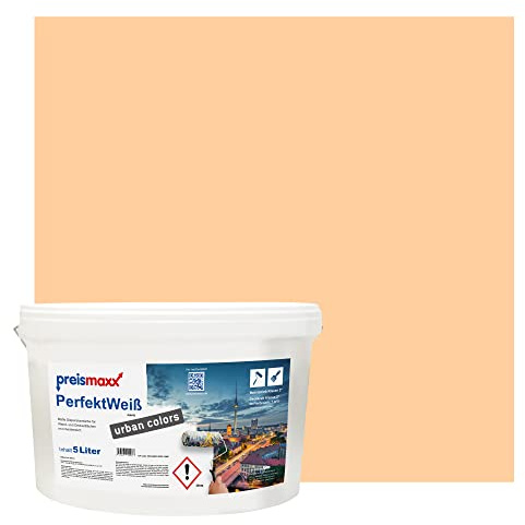Preismaxx Perfektweiß Wandfarbe hellorange matt 5L - Innenwandfarbe für kreative Wandgestaltung, light orange, Innenfarbe, hohe Deckkraft Klasse 2, Trendfarbe für Wohnzimmer, bunte Akzentfarbe