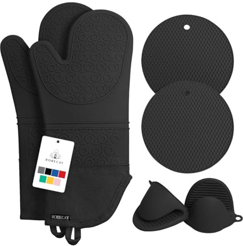 Rorecay Ofenhandschuhe & Topflappen Set - Extra Lange Küchenhandschuhe aus Silikon mit Mini-Schnapphandschuhen und Topflappen für die Küche zum Backen, Kochen oder Grillen 6er-Pack, Schwarz