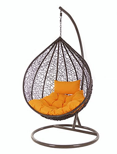 KIDEO® Komplettset: XXL Hängesessel mit Gestell & Kissen, Indoor & Outdoor, Poly-Rattan, braun, groß (Kissen: Chesterstepp orange [3030 Tangerine])