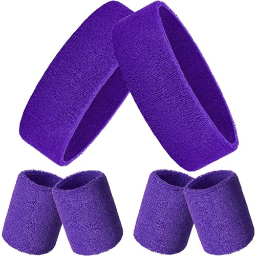 Bememo 6 Pieces Sweatbands Set 2 Sports Headbands and 4 Wristbands Striped Sweat Band for Men Women Colorful Neon Athletic Running Gym Basketball Tennis(Purple)