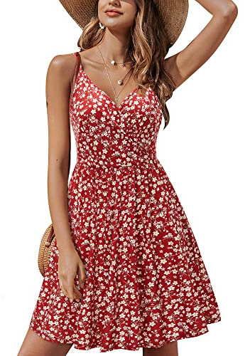 STYLEWORD Dam solklänning sommar blommig omlott v-ringad rygglös A-linje avslappnad strand midi-klänning, Afloral46-412, M