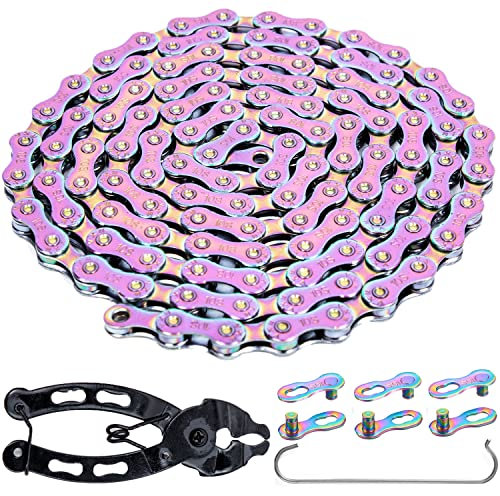 YBEKI 6/7/8/9/10/11 Speed Carbon Steel Bike Chain with Full Silver Plating, 116 Links, 3 Extra Master Links & Chain Tool - Compatible with Shimano/SRAM Mountain, Road (10 Speed, Multicolour, 1)