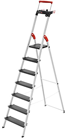 Hailo Stehleiter TopLine, 7 XXL-Sicherheits-Stufen bis 150kg, Aluminium Leiter mit ausziehbarem Haltebügel & Plattformverriegelung, klappbare Aluleiter, Schwarz, aktuelles Modell L100, made in Germany