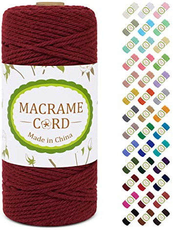 LEREATI Hilo Macrame 3mm x 100m, Cuerda Macrame 3mm Cuerda de Algodon de 4 Hilos, Cordel Suave para Bricolaje Manualidades, Pared, Cortina, Soporte de Plantas, Decoracion Dormitorio (Rojo Vino)