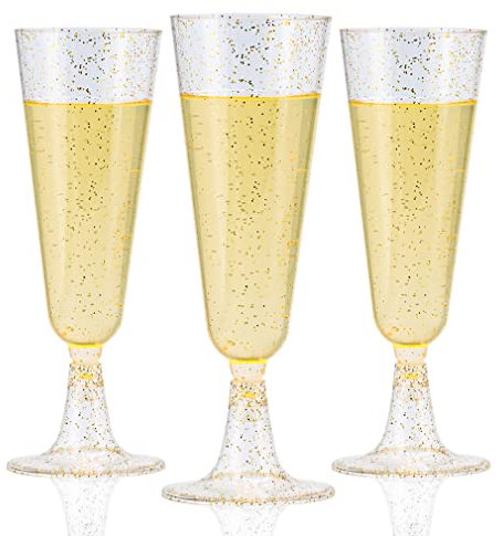 HASERY Plastic Champagne Flutes, 36 Pcs Disposable Wine Glasses, 150ml/5oz Gold, Reusable for Party, Weddings, Birthdays
