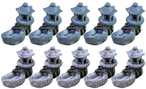 Vkinman 10 figuras retro de torre de estanque, mini estatua de pagoda, estilo japonés, farol de pagoda, torre de piedra en miniatura para jardín, patio, decoración de bonsái