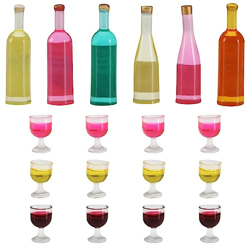 VGOL 6 bottiglie di vino in miniatura per casa delle bambole e 12 bicchieri da champagne, scala 1:12, mini bottiglie di resina per vino, simulazione, cucina, gioco finto giocattolo