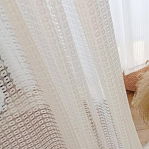 Mesnt Gardine Halbtransparent, Hohle Runde texturierte halbtransparente Vorhänge für Wohnzimmer aus Polyester, Weiß4-Haken, 137x214CM-2 STÜCK
