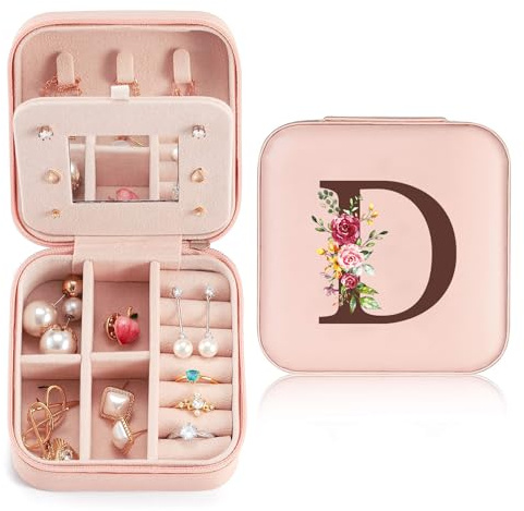 Reise Schmuckkästchen Klein mit initialen D und Blume, Schmuckaufbewahrung für Damen PU-Leder, Mini Schmuckschatulle Schmuckkasten für Damen Mädchen Geschenk für Geburtstag, Weihnachten, Muttertag