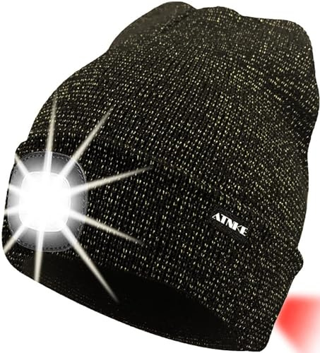 ATNKE 8LED beleuchtete Strickmütze, wiederaufladbare USB-Scheinwerferkappe mit extrem Heller, wasserdichter Lampe und Blinkender Alarm Rotes Rücklicht Multi-Color