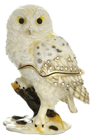 Vie jeune Hand Painted Enamel Barn Owl Trinket Box, Hinged Unique Mini Ring Necklace Jewelry Organizer, Classical Bejeweled Storage, Figurine Collectible Keepsake Home Decor (Barn Owl)