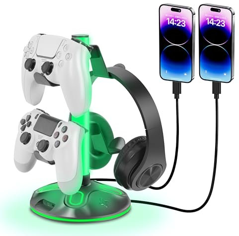 KELJUN RGB Headphone Stand for Desk, Innovative Headset Stand with 9 Light Modes - Controller Holder with USB Charging and Type-c Port, Gamepad Earphone Accessories (Black)