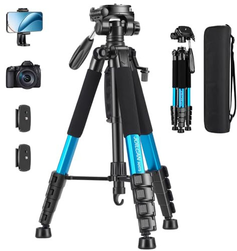 JOILCAN Camera Tripod for Canon Nikon, 74 Lightweight DSLR Tripod Camera Stand with Detachable Head and Universal Phone Mount, Reinforced Aluminum Tall Tripods for Vlog Live Streaming (Blue)