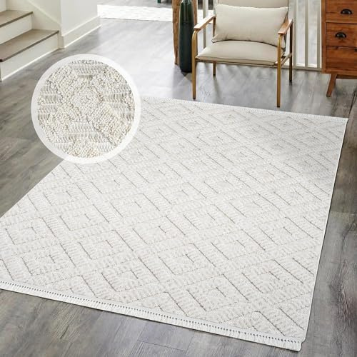 Alfombra de dormitorio con pelo rizado, alfombra con flecos artesanal, alfombra boho moderna, aspecto lana (diseño: crema Mira - Tamaño: 120 x 170 cm)