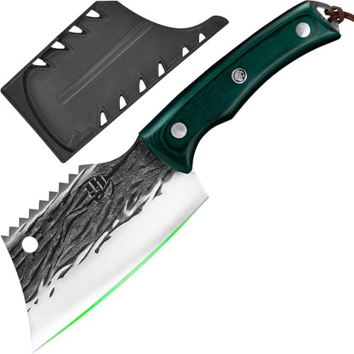 FULLHI Voll-Tang Metzgermesser mit Scheide, serbisches Kochmesser mit hohem Kohlenstoffstahl Fleischbeil geschmiedetes Küchenmesser für Outdoor, Camping, BBQ
