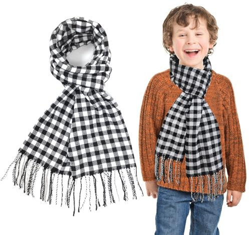 SwirlColor sciarpa ragazzo, morbido cashmere plaid sciarpe con nappa invernale sciarpa lunga per i ragazzi bambini collo warmer-nero bianco