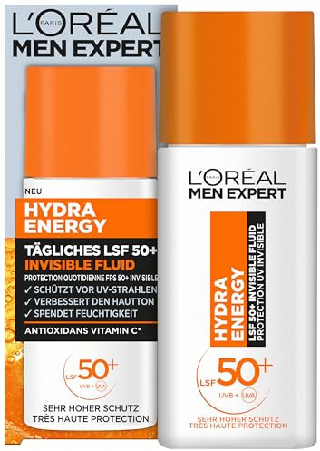L'Oréal Men Expert UV Sonnenschutz LSF 50 für Männer, Invisible Fluid für das Gesicht gegen Sonnenstrahlen, Herren Sonnencreme SPF 50+ gegen Hautalterung mit Vitamin C, Hydra Energy, 1 x 50 ml
