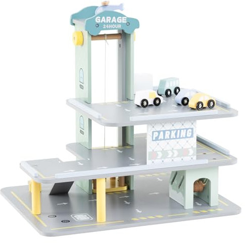 GOPLUS Jeu de Garage à 3 Niveaux, Parc de Stationnement de Jeu avec Ascenseur Fonctionnel, Héliport, Rampe, Centre de Lavage de Voiture, Station de Recharge et d'Essence, pour Enfant 3+ Ans