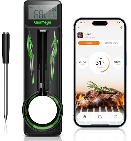 Kabelloses Fleischthermometer, 100 m Reichweite Bluetooth 5.1, smarte App-Rezepte, Dual-Modus LED-Anzeige-Host, Lebensmittelfühler für Kochen, Ofen, Küche, BBQ, Grill