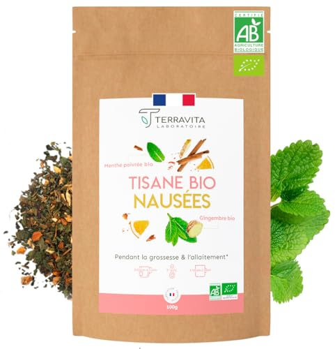 Tisane Nausées BIO | 7 Plantes Bio pour Limiter les Nausées | Grossesse et Allaitement | Avec Gingembre et Menthe Poivrée | Infusion Sans Caféine ni Théine | Made in France | 100g | Terravita