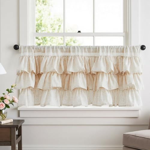 Vangao Rüschig Scheibengardinen Beige Modern Küche Leinenoptik Bistrogardine 1er Set 125Bx45Hcm mit Stangendurchzug Wohnwagen kinderzimmer Landhausstil Vintage Volant Gardinen Kurz Halbtransparente