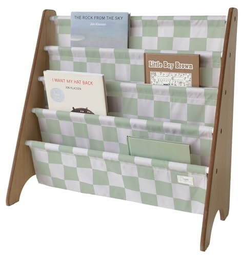 3 Sprouts Bücherregal Kinder, 35 Bücher, Schachbrett Grün | frontale Stoffablagen mit 4 Ebenen für Kinderzimmer, Kita und Leseecke Geschichten bleiben sichtbar und griffbereit