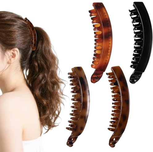 4 Stück Groß Banana Clip​​, ​​Bananenspange Haare​​ Banana Hair Clip13x3cm/5.1inch x1.1inch mit Metallfeder für ​​Clip für Dünnes Haar​​ und Dickes Haar, Damen Pferdeschwanzhalter Frisuren (4 Farben)