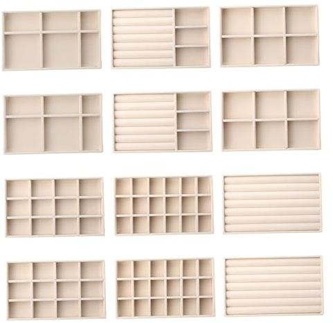 Bandeja de organizador de joyas, bandeja de joyería de terciopelo 12 piezas de cajón de estilo variado Inserta el almacenamiento de la placa de densidad para aretes, anillos, broches, relojes, collar