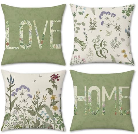 COZZSNUGE Trädgård blommig kuddfodral gröna växter vildblommor bondgård polyester dekorativa örngott för bäddsoffa hem trädgård utomhus 45 x 45 cm set med 4