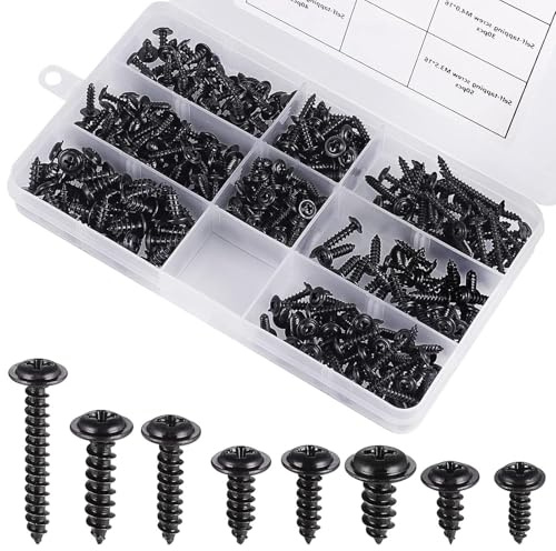 340PCS Phillips Self Tapping Screws Set, Small Black Screws Assortment Kit, Carbon Steel Pan Head Screw, Round Head Wood Screw for Wood, Metal Sheets, Roofing Windows