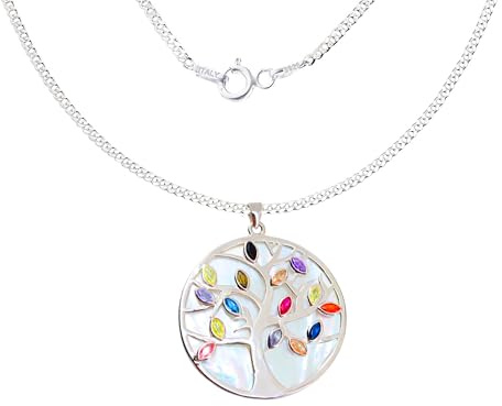 Collar de Plata de ley 925 con Colgante Árbol de la Vida con Piedras Preciosas de Colores, Fondo de Nácar. cadena de 45 cm (Arbol de Vida Pequeño)