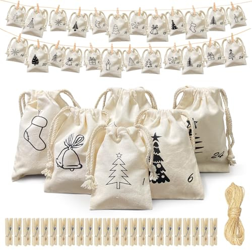 Kit Calendrier De L'avent À Remplir Soi Meme 3 Tailles Avec Pince, 24 Lin Pochette Calendrier De L'avent DIY Reutilisable, Pochon Sac Calendriers De L'avent À Remplir En Tissu, Cadeau Decoration Noel
