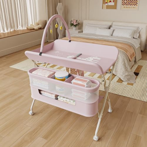 Tavolo per pannolini mobile – Cassettiera per pannolini pieghevole con cesto portaoggetti – tavolo per pannolini per neonati e bambini – 5 altezze regolabili H62-90 cm, supporto per giocattoli