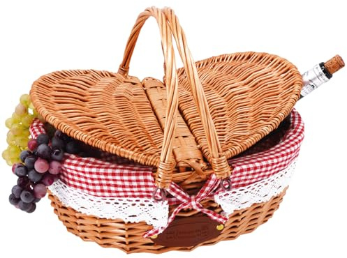 Les Jardins de la Comtesse, Panier en Osier Champêtre, Osier et Coton, Rectangulaire, Rouge Vichy avec Dentelle, 40 x 31 x 20/40 cm, Style Bucolique, Pour Pique-nique et Marché