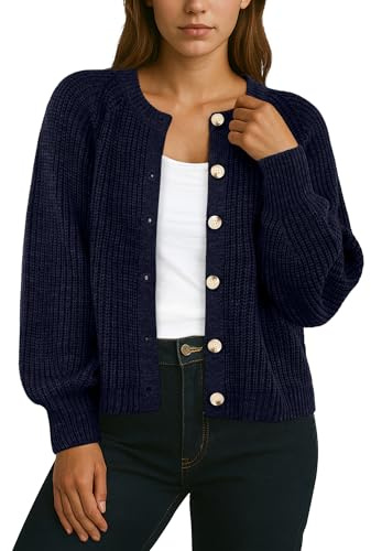 GRECERELLE - Maglioni da donna cardigan a maniche lunghe morbidi, oversize, con scollo a giro, in maglia con bottoni per le donne UK, autunno, inverno, primavera, blu navy, XL