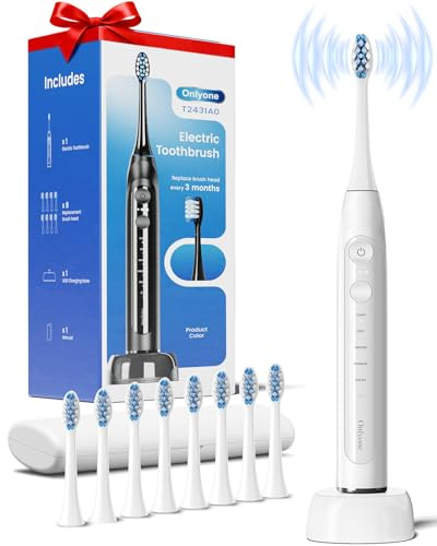 Onlyone Ultrasonic Electric Toothbrush for Adults, Rechargeable Electric Toothbrush Toothbrush with 8 Brush Heads, Travel Case, Charging Base & Wireless Charging - 5 Modes with Smart Timer