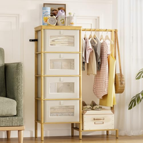 Atoping Bamboo Dresser with Hanging Rack, 4-Drawer Small Closet Organizer for Bedroom, Tall Storage Tower with Clothes Rack, Natural Wood 41.4 H x 31.3 W–Space-Saving Design, Easy Assembly