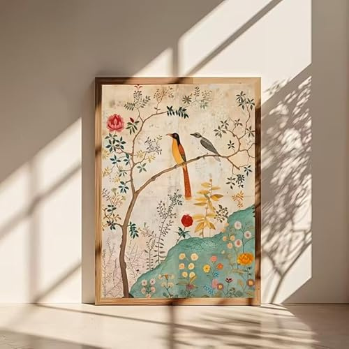 DAMAIART Poster d'arte tradizionale con uccelli e fiori, dipinto su tela in stile bohémien, decorazione da parete per soggiorno, camera da letto (60x85 cm/senza cornice)