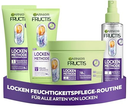 Garnier Feuchtigkeitsauffüllendes Haarpflege-Set für alle Arten von Locken mit Shampoo, Spülung, Haarmaske, Spray, Lockenpflege, mit Hyaluronsäure & Sheabutter, Fructis Lockenmethode, 4-teilig