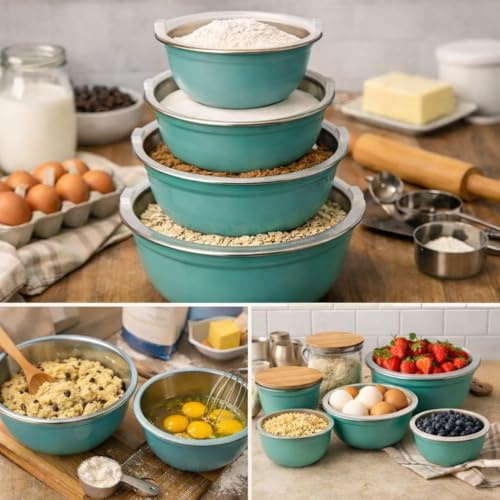 KWARE Stainless Steel Mixing Bowls Set of 5 with Lid Stainless Steel Mixing Bowl Set - Easy to Clean, Nesting Bowls for Space Saving Storage, Great for Cooking, Baking, Prepping (Teal Blue)