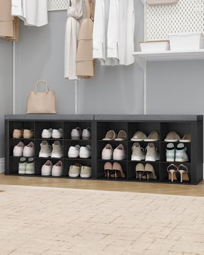 Hzuaneri Schuhbank mit Sitzfläche,18 Fächern, Schwarz-Dunkelgrau | Schuhbank, Schuhschrank mit Sitzbank, Verstellbare Ablagen, 30 x 150 x 48 cm, für Wohnzimmer, Schlafzimmer, SB25704GY