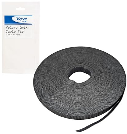 ICC Hook and Loop Cable Tie Tape, 75 ft x 1/2 in Roll, Cut-to-Length Reusable Fastening Strap for Wire Bundling and Cable Management, Black