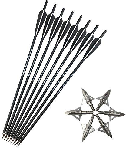 SHARROW 12 x Armbrustbolzen Armbrustpfeile Carbonpfeile 16 17 18 20 22 Carbon Bolzen für Armbrust mit Klinge Broadhead Pfeilspitzen für Armbrust Bogen (Schwarz, 20)
