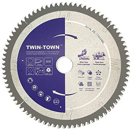 TWIN-TOWN HM Kreissägeblatt Multi-Material 254x30mm Z80, Ideal für Holz, Laminat, MDF, Aluminium, Kunststoff, Parkett, Fußleisten und Kupfer zum Sägen mit Gehrungssäge und Tischkreissäge