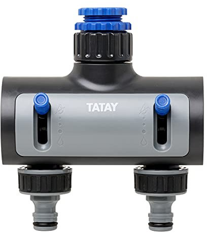 TATAY Distribuidor Universal Premium de Mangueras, 2 vías, para Grifos de 1/2 pulgadas, 3/4 pulgadas, 1 pulgadas, Conector, Regulador, Protección Solar, Fácil Instalación. Gris-Negro