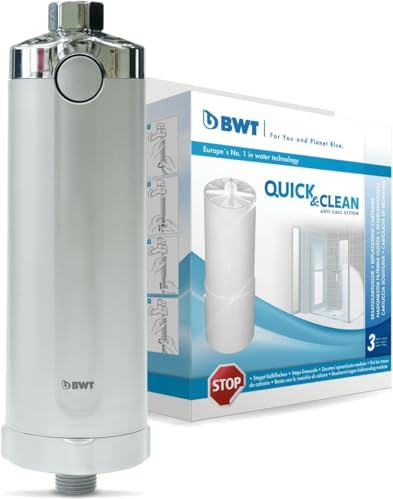 BWT Sistema de filtro antical Quick & Clean, limpieza mediante botón para un baño sin cal, filtro de ducha, incluye 4 cartuchos de filtro