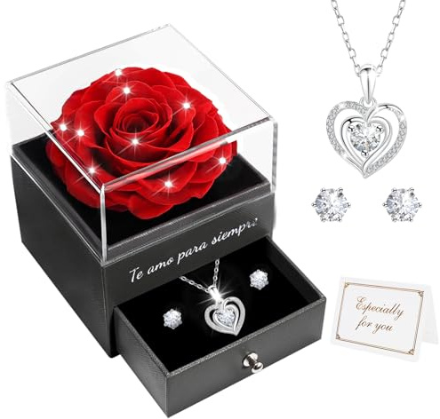 Miofula Rosa Eterna Regalos Originales para Mujer,Flores Preservadas Caja de Regalo con Collar y Aretes,Regalo Aniversario Pareja,Regalo Mujer Cumpleaños,Flor Eterna Regalo Novia Navidad San Valentin