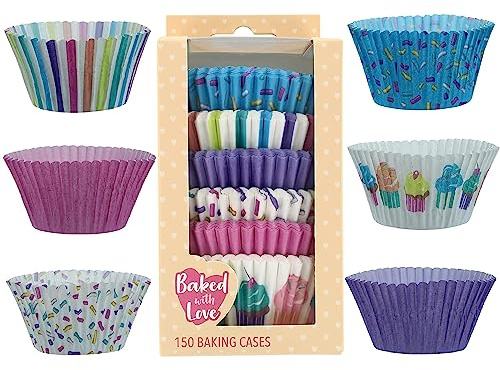 Baked with Love Pastel Cupcake Cases, 50mm Baking Cups, Multicoloured Greaseproof Paper Cases for Muffins and Cupcakes, Pack of 150, 0686971 | Greaseproof Paper, Cupcakes, Confetti & Stripes Print, 37mm Height, 25 Cases Per Colour