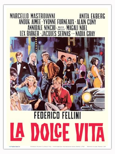 Federico Fellini’s La Dolce Vita - with Marcello Mastroianni Anita Ekberg - Vintage Italian Film Movie Poster by Sandro Simeoni c.1960 - Master Art Print (Unframed) 9in x 12in